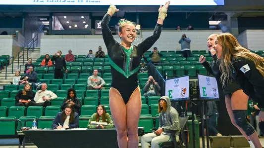 Sophia Rios smiling after her vault dismount against Bowling Green