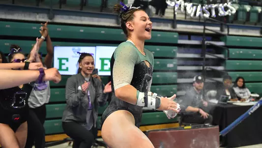 Hay Crossen celebrates bars dismount against Kent State