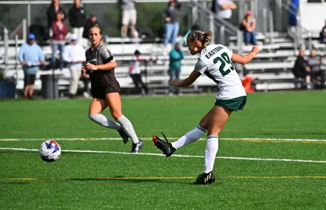 Kate Robinson shoots on goal against St. Bonaventure, Aug. 17, 2023, netting the first goal of her career