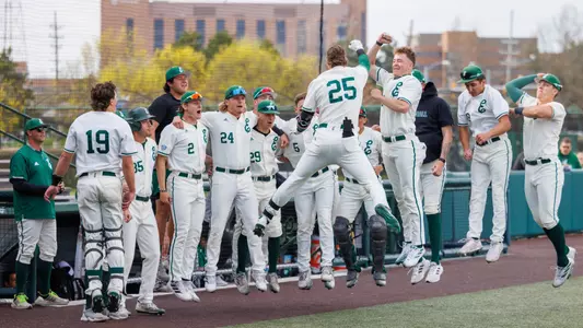 Kyle Schroedle celebrates a home run against Butler, April 16