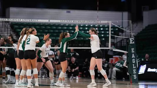 Volleyball celebrates a point against Michigan State, Sept. 16, 2024