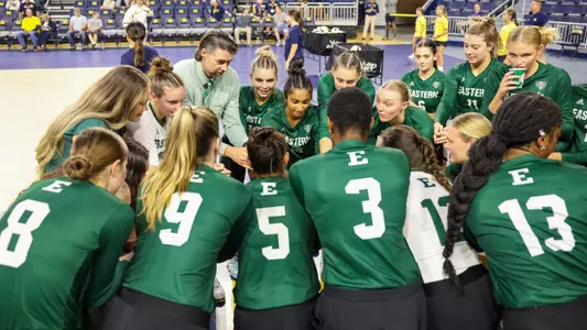 Volleyball huddles before facing Michigan, Sept. 4, 2024