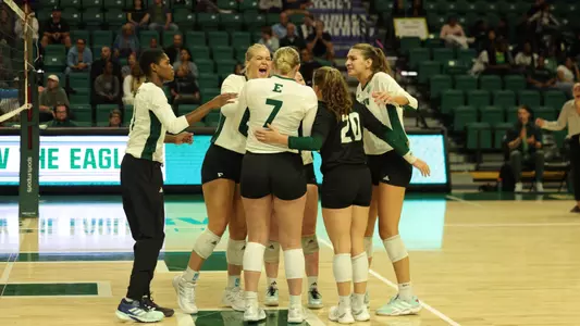 Volleyball celebrates a point versus George Washington, Sept. 6, 2024