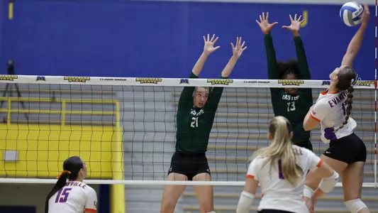 Abby Stanford blocks against Evansville
