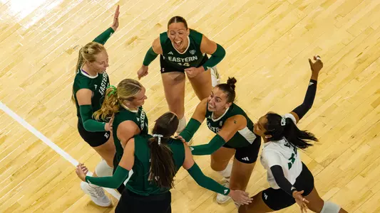 Volleyball celebrates a point at home against Kent State, Oct. 10, 2025