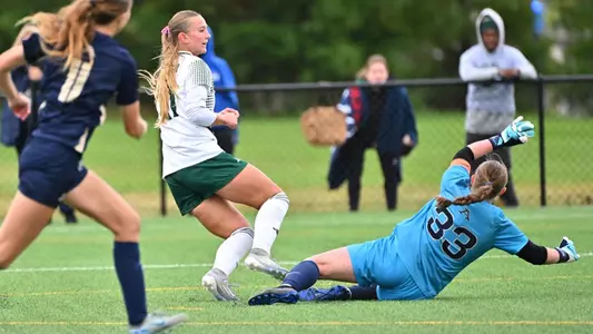 Olivia Sipsock watching the soccer ball enter the goal for her second goal of the match vs. Akron, Oct. 19, 2025