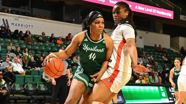 Sisi Eleko drives to the basket at home against Bowling Green, March 8, 2025