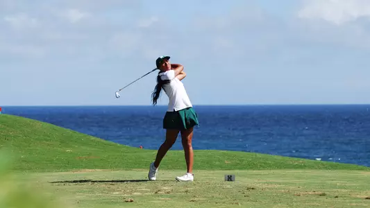 Jasmine Leovao tees off at the 2025 Rainbow Wahine Invitational
