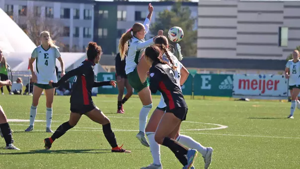 Olivia Sipsock looking to control the soccer ball in traffic against Northern Illinois, Oct. 26, 2025