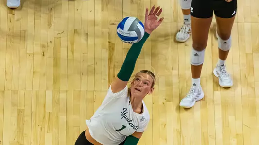 Hatteras Welker attacks the ball in pregame warm ups in the 2025 season