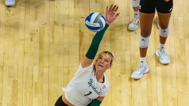 Hatteras Welker attacks the ball in pregame warm ups in the 2025 season