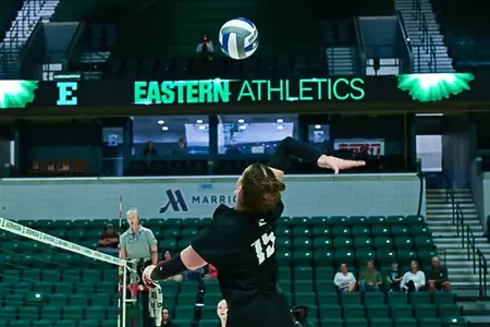 Ava Siefke attacks the ball against Bowling Green, Oct. 3, 2025