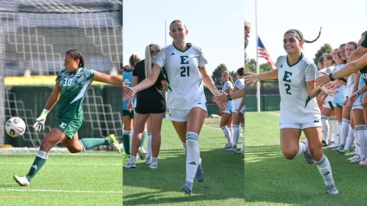 Ella Holland (left) preparing to kick a soccer ball; Olivia Sipsock (middle) running while receiving high-fives; Kaylee Synk (right) running while receiving high fives