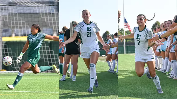 Ella Holland (left) preparing to kick a soccer ball; Olivia Sipsock (middle) running while receiving high-fives; Kaylee Synk (right) running while receiving high fives