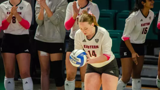 Ella Voorhees prepares to serve the ball at home in the 2025 season