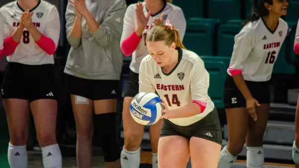 Ella Voorhees prepares to serve the ball at home in the 2025 season