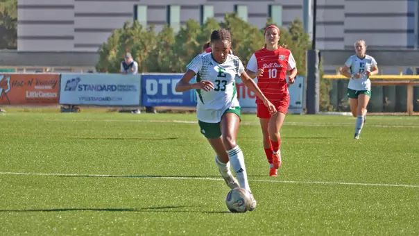 Ciara Brown dribbling a soccer ball against Ball State, Oct. 9-2025
