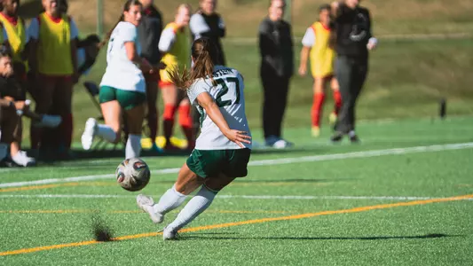 Rosalie Takacsy after kicking a soccer ball with her left against Ball State, Oct. 9-2025