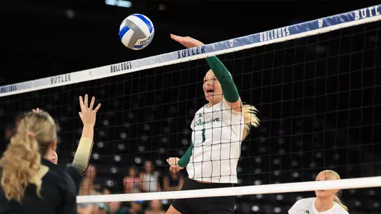 Hatteras Welker attacks the ball against Oakland University at the Butler Invitational, Sept. 19, 2025