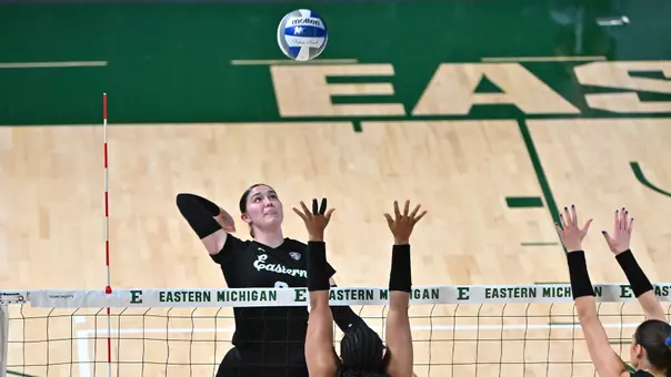 Bri Struck attacks the ball on senior night against Ball State, Nov. 7, 2025