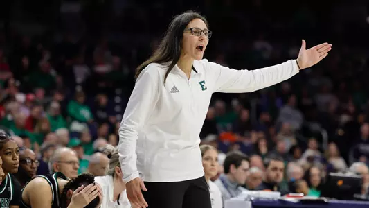 Head Coach Sahar Nusseibeh coaches on the sideline at Notre Dame in the 2024-25 season