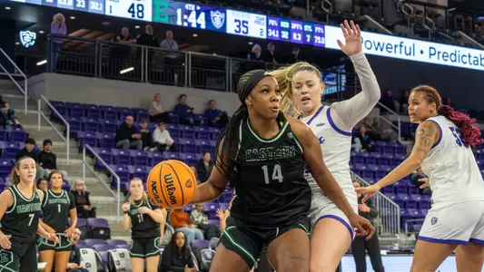 Sisi Eleko looks to pass as she drives to the basket at St. Thomas, Nov. 14, 2025