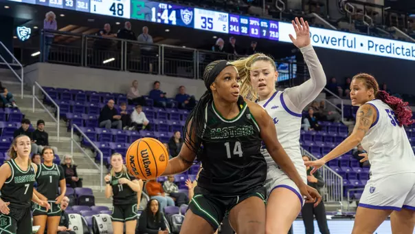 Sisi Eleko looks to pass as she drives to the basket at St. Thomas, Nov. 14, 2025