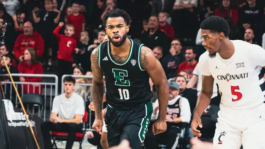 Jon Sanders II after hitting a three-pointer at Cincinnati, Nov. 26, 2025