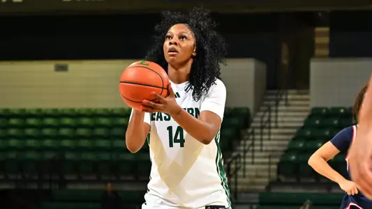 Sisi Eleko shoots a free throw at home against Robert Morris in the 2025-26 season, Nov. 26, 2025