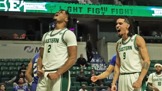Carlos Hart and Addison Patterson celebrating after a basket against Georgia State, Nov. 3