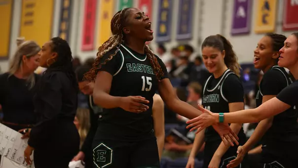 Believe Tshibangu celebrates as she walks to the bench at Canisius, Nov. 7, 2025