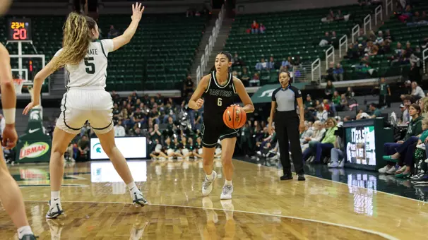 Fernanda Ovalle dribbles the ball at Michigan State, Nov. 9, 2025