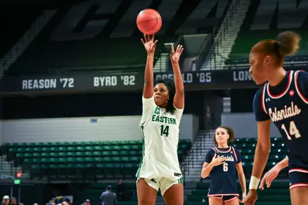 Sisi Eleko shoots a free throw against Robert Morris, Nov. 26, 2025