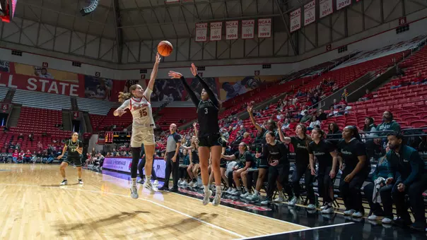 Brooklyn Thrash shoots a contested three-pointer at Ball State, Dec. 20, 2025