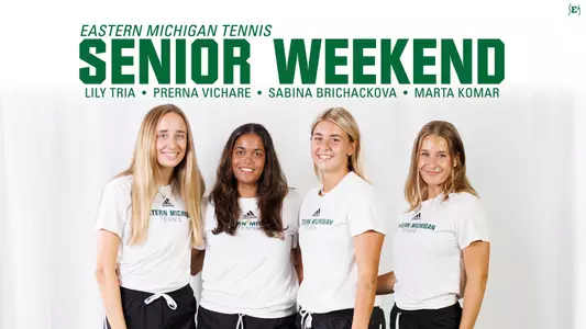 2025 Tennis Senior Weekend graphic w/ Tria, Vichare, Brichackova, and Komar