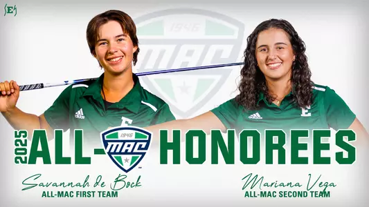 2025 Women's Golf All-MAC Teams Savannah de Bock and Mariana Vega graphic