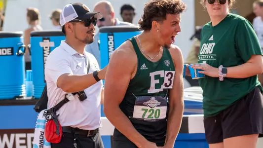 Samuel Jeffery celebrates at 2025 MAC Outdoor Track & Field Championships