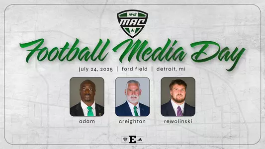 2025 MAC Football Media Day graphic featuring Jefferson Adam, Chris Creighton, Mickey Rewolinski
