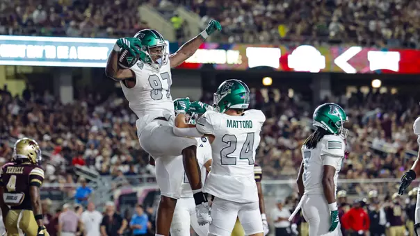 Joshua Long celebrates his touchdown at Texas State with Joey Mattord