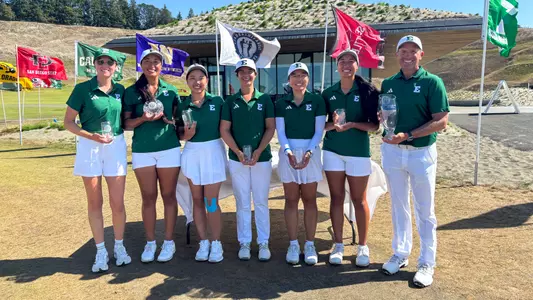 Women's Golf Team poses with trophy after winning 2025 Leadership & Golf Invitational