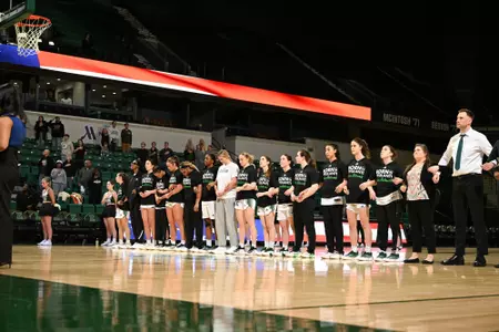 2025-26 EMU women's basketball team lined up for the national anthem before playing Kent State, Jan. 10, 2026