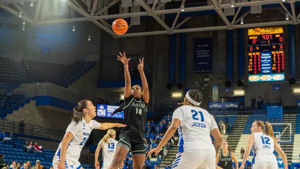 Sisi Eleko shoots a turnaround jumpshot at Buffalo, Jan. 28, 2026