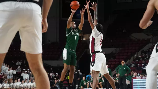 Gregory Lawson II shooting a basketball from three-point range at UMass, Jan. 31, 2026