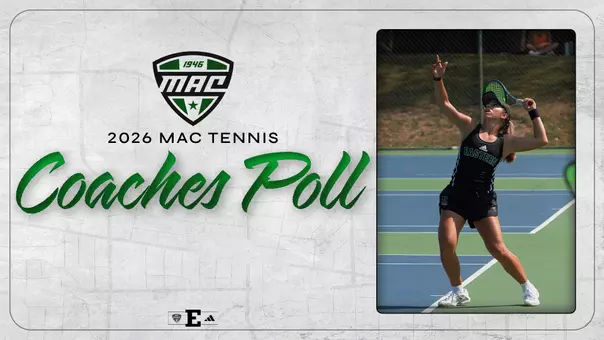 2026 MAC Tennis Coaches Poll graphic featuring senior Regina Mendez Carreno serving