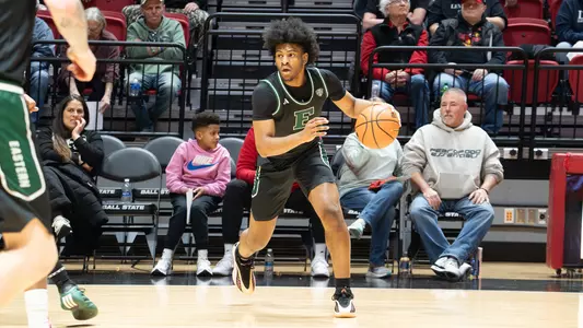 Gregory Lawson II dribbling a basketball at Ball State, Jan. 6, 2026