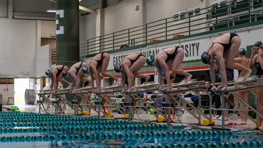 Eastern Michigan swimmers prepare for race at the 2026 Green vs White meet Oct. 10, 2026
