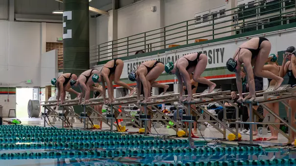 Eastern Michigan swimmers prepare for race at the 2026 Green vs White meet Oct. 10, 2026