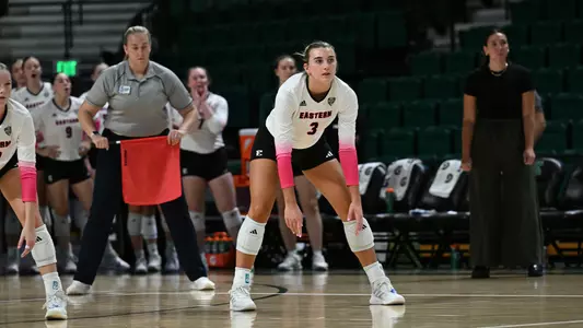 Nattie Slusher prepares for serve against Cornell Sept. 18, 2026