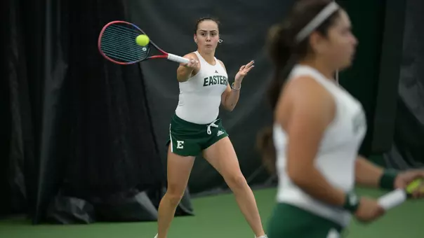 Sabrina Tolstova returns a shot during doubles action at the 2026 MAC Fall Individual Championships
