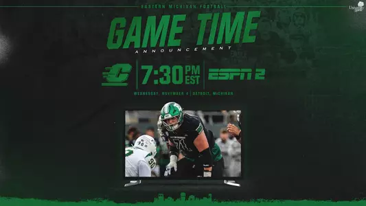 Football graphic showing Tyler Brumfield emerging from a television set and featuring the 7:30 p.m. kickoff time and ESPN2 logo for the EMU game with Central Michigan in Detroit